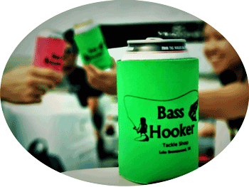People toasting with big bass hooker tackle shop koozie