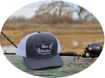 Ball cap with big bass hooker tackle shop logo